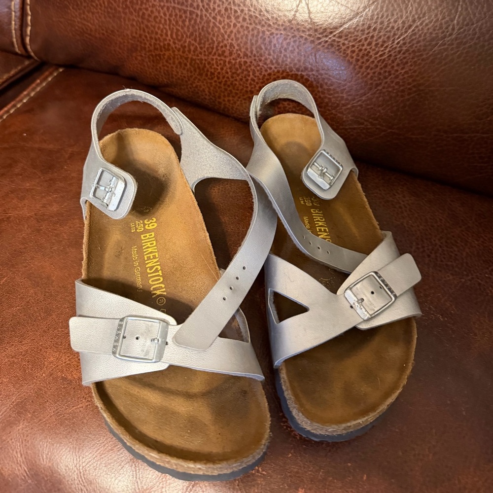 Birkenstock Light Gray Leather Buckle Sandals